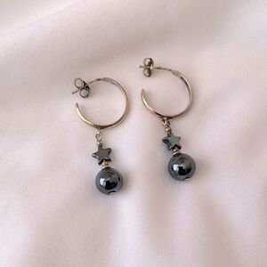 Vintage Women's Dark Silver Star Small Hoop Dangle Drop Earrings